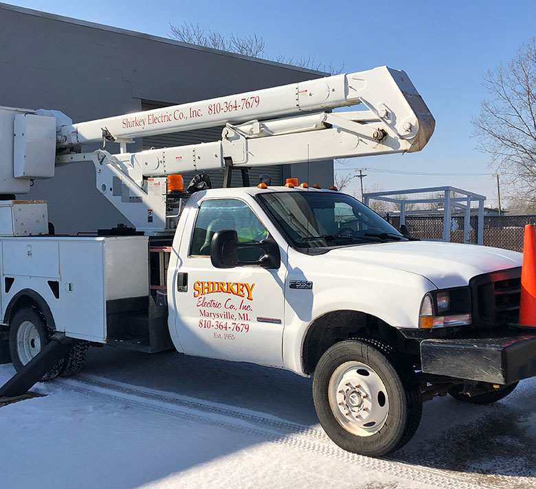 shirkey-bucket-truck-home Electrical contractor truck in St. Clair county, mi
